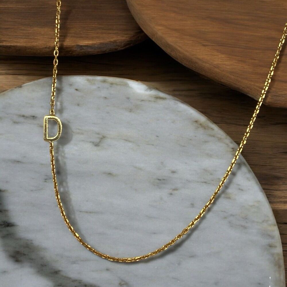 14K Gold Vermeil Sideways ‘D’ Initial Necklace Fashion Chic Dainty Trendy NEW